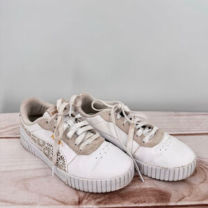 Puma Carina 2.0 Laser Cut Flowers Sneakers White Gold Logos Athletic Feminine 7